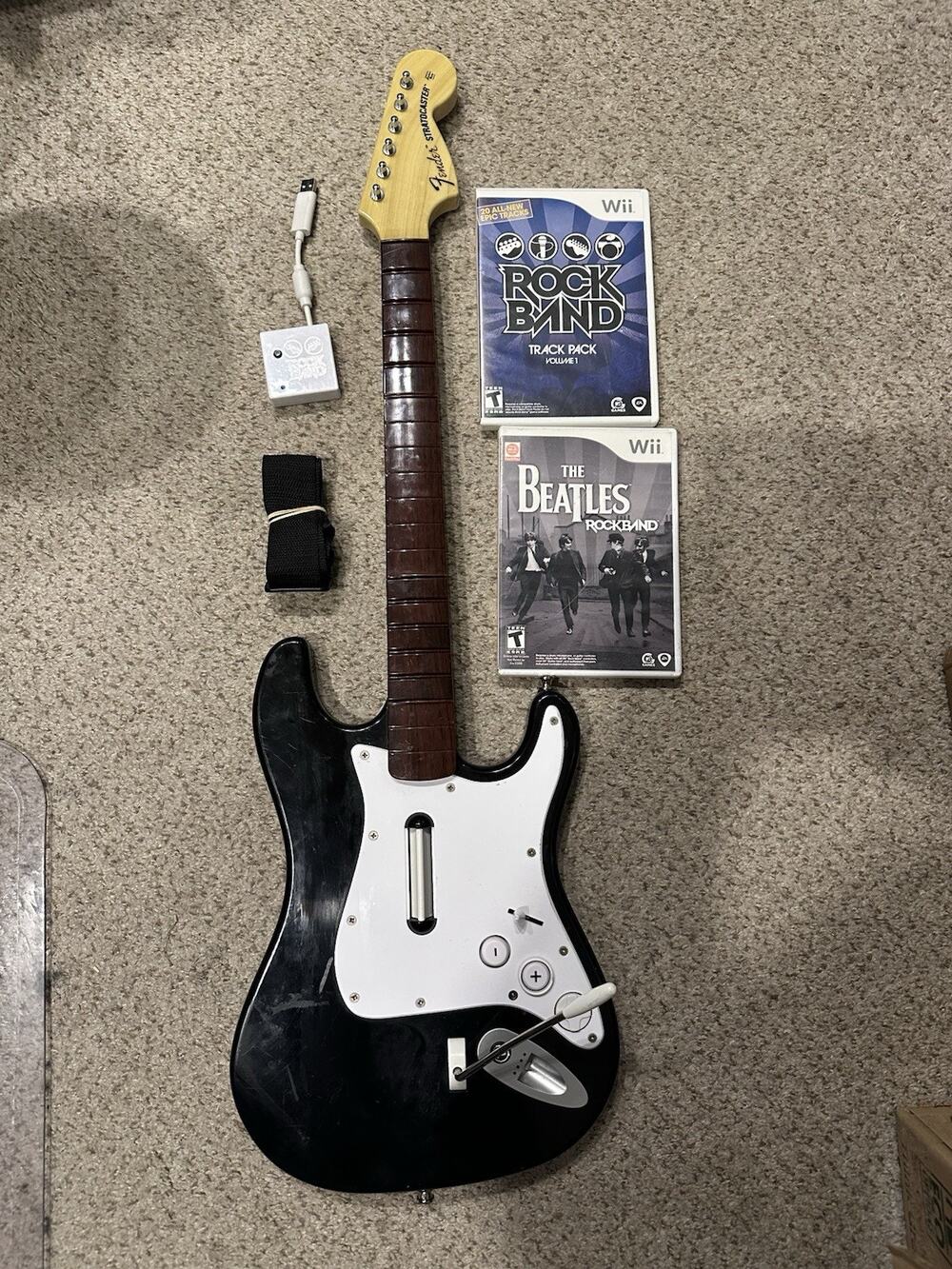 Nintendo Wii Rock Band Guitar w Dongle Strap 2 Games RockBand Track Pack Tested
